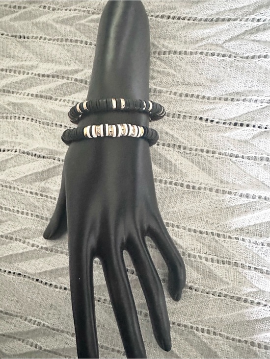 Jewelry - Black and White Clay Handmade Beaded Stretch Bracelets with Gold Accents
